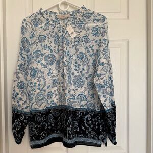 LOFT Blue & White Long Sleeve Split-Neck Floral Blouse – Size S